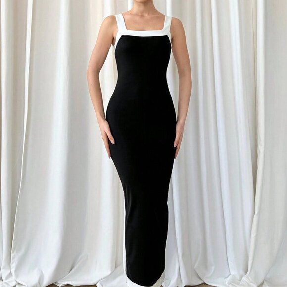 Black Preppy Womens Colorblock Square Neckline French Style High Side Slit Dress - Picture 5 of 7